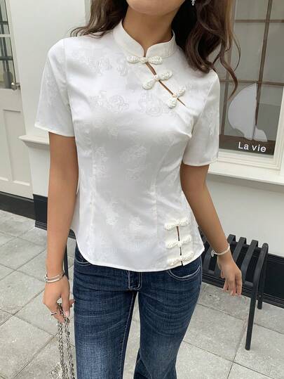 EastFlair New Chinese Style Button Qipao Top, Solid Color Elegant Short Sleeve Blouse For Summer,Summer Outfits For Women,Spring Outfit Women,Valentine's Day,St Patrick's Day Women,Easter,Beach Vacation Outfits For Women,Going Out Outfits ,Summer Tops ,Easter,St Patrick's Day Women,Casual Blouses For Women,WhiteTop