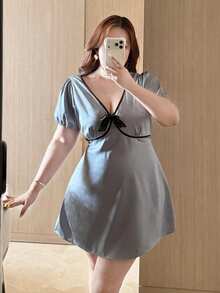 Dazy Plus Plus Size Bow Tie Print Floral Pattern Contrast Color Splice Sexy Short Nightgown Summer - Blue - View 5