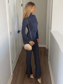 Sydney Algeri Novo Conjunto de Top com Manga Flare e Calça Flare, Decor de Metal, Gola Alta, Tricô Canelado Forrado, Versátil para Uso Diário, Elegante e Jovem, Outono/Inverno - Azul Royal - Visão 5