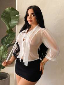 SHEIN SXY 沙滩网纱透视荷叶边下摆性感度假上衣，适合派对、夏季、春季、情人节、海滩、外出、度假等场合，网纱材质，透视效果，白色，透视衬衫，女士性感上衣，透视上衣，透视衬衫 - 白色 - 查看 7