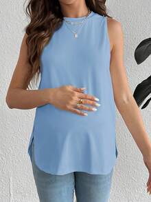 SHEIN Áo tank top bầu cổ tròn không tay, kiểu dáng thường ngày, màu trơn. - Màu xanh nhạt - Xem 3