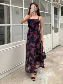 EastFlair Women's Chinese Style Butterfly Print Mesh Slip Dress - Black - View 5