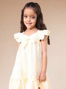 SUMWON Girls Eyelet White Ruffle Flutter Sleeve Tiered Hem Mini Dress Spring Summer Casual Party Wedding Guest Bow Detail - Yellow - View 3