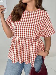 SHEIN Essnce Blusa holgada y cómoda de cuadros en blanco y negro de manga corta, estilo casual y diario para mujer de talla grande, blusas de mujer, atuendos de verano para mujer, atuendos para brunch, minimalista, blusas lindas, estilo de dinero viejo para mujer, atuendos de vacaciones para mujer - Multicolor - Ver 3