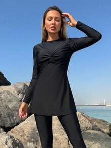 Swim Mulvari Women's Black Fashion Burkini Set, Asymmetric Criss-Cross Front Design, Middle Eastern Style 2 Pieces Burkini Set - Black - View 5