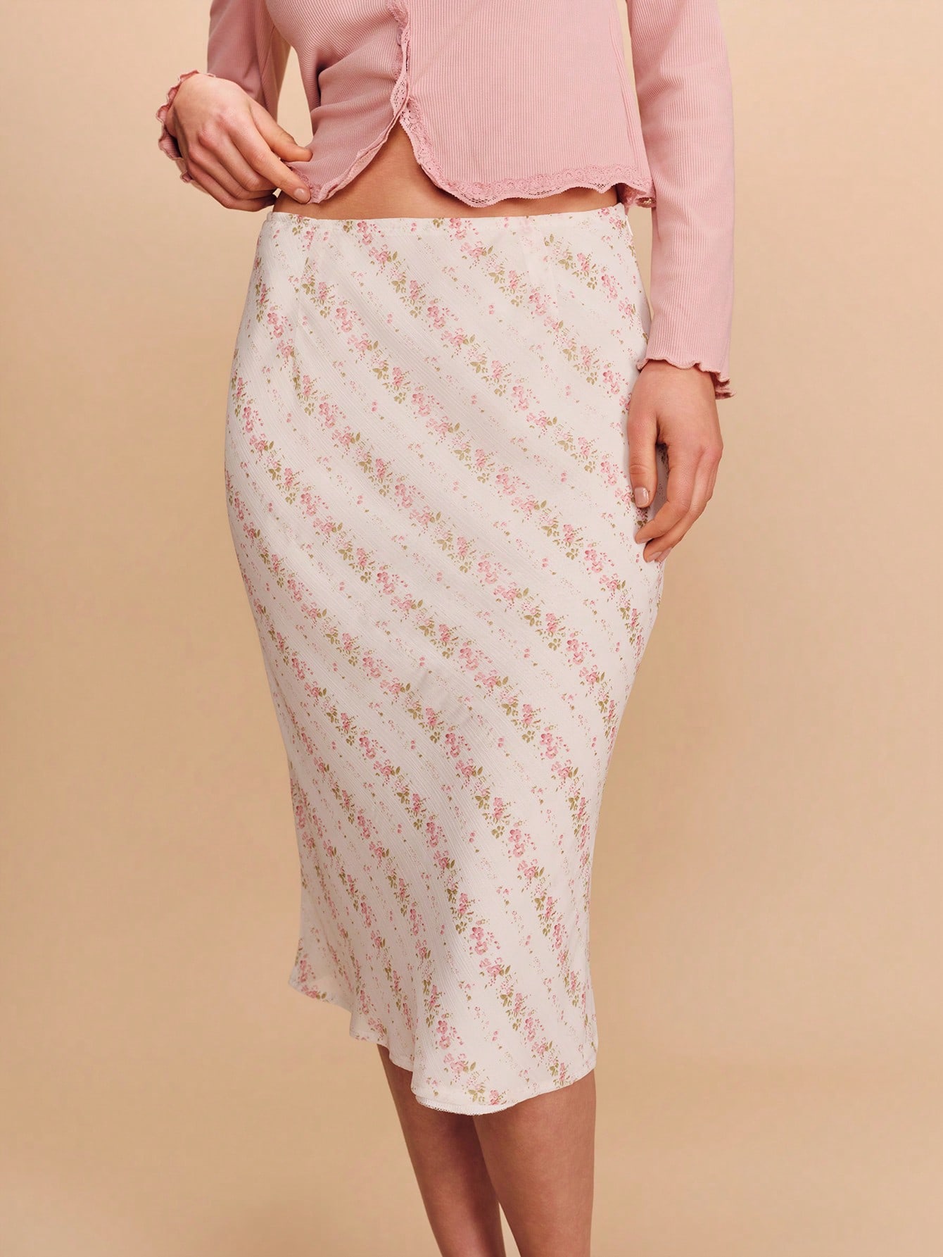 Flowy High-Waisted Midi Skirt With Pink Floral Stripe Pattern Office Business Casual Skirt Spring Summer French Style Parisian Style Spring Satin Skirt