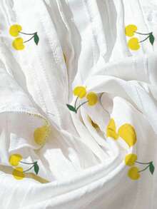 SHEIN Clasi Áo kiểu nữ mùa hè thoải mái, thích hợp đi làm, đi nghỉ mát, in hình quả anh đào, cổ chữ V, tay áo xếp ly, dáng rộng. - Vàng nhạt - Xem 4