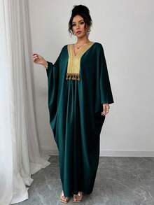 Elenzga Middle Eastern Style Loose Fit Linen Dress With Gold Collar - Dark Green - View 4