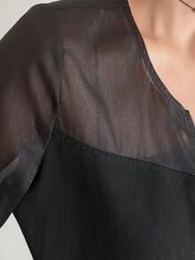 FRIFUL Women's Round Neck Button-Up Chiffon Patchwork Solid Color Blouse - Black - View 7