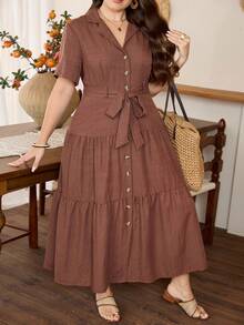 Lacomfia Elegant Waist-Cinched Short Sleeve A-Line Plus Size Dress, Suitable For All Occasions In Spring And Summer - Coffee Brown - View 1