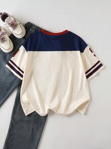 SCOOBY-DOO X SHEIN 少女休闲时尚街头风日常通勤卡通字母印花撞色V领宽松T恤，夏季 - 杏色 - 查看 2