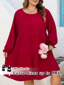 SHEIN CURVE+ Curve 加大码 US22 音乐节、海滨度假、波西米亚风 CURVE PLUS // 复古豹纹宽松圆领长袖连衣裙，适合秋冬季穿着 - 紅色 - 查看 9