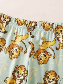 2件套幼儿男童可爱卡通狮子动物印花圆领短袖上衣和弹力腰带长裤休闲针织家居服套装 - 綠色 - 查看 4