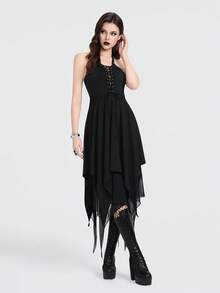 Breakform Women's Gothic Sexy Halter Deep V Metallic Grommet Knit Lace-Up Tie Waist Asymmetrical Hem Fitted Mid-Length Dress - Black - View 3