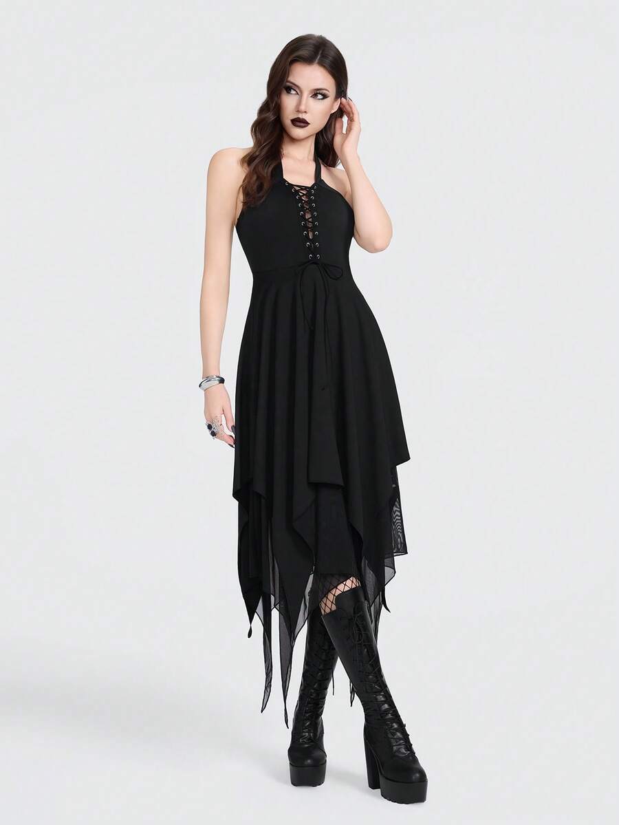 Breakform 女士哥特式性感露背深V金属孔眼针织系带腰部不对称下摆修身中长连衣裙 - 黑色 - 查看 1