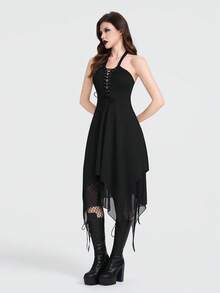 Breakform Women's Gothic Sexy Halter Deep V Metallic Grommet Knit Lace-Up Tie Waist Asymmetrical Hem Fitted Mid-Length Dress - Black - View 5