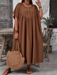 SHEIN CURVE+ Curve 加大码 US22 音乐节、海滨度假、波西米亚风 CURVE PLUS // 纯色简约日常圆领短袖连衣裙 棕色连衣裙 咖啡棕色连衣裙 大地色棉质连衣裙 - 棕色 - 查看 5
