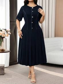 Modelyn Plus Size Solid Color Round Neck Metal Decor Casual Short Sleeve Dress - Navy Blue - View 7