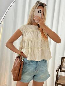 Easowa 女士条纹印花荷叶边下摆圆领短袖衬衫 - 彩色 - 查看 4