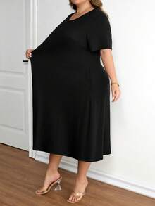 SHEIN CURVE+ Plus Size Women's Basic Versatile Solid Color Hidden Pocket A-Line Dress - Black - View 11