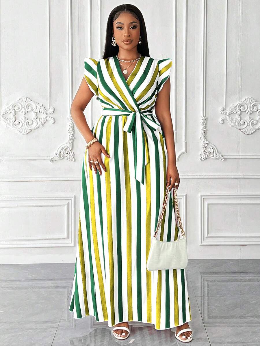 Đầm maxi dáng rộng dành cho nữ, màu xanh lá cây và trắng kẻ sọc, tay bồng, có thắt lưng, kiểu dáng thanh lịch, thích hợp cho dự tiệc cưới và các buổi tiệc mùa xuân & hè. - màu xanh lá - Xem 1