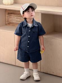 DAZY 2pcs Toddler Boys' Summer Casual Denim Shirt With Collar & Shorts Set - Royal Blue - View 3