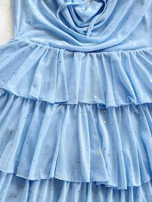 Soleia Women's Light Blue Summer 70's Party Disco Vacation Holiday Lace Patchwork Mesh Sequin Ruffle Hem Draped Neck Mini Dress, Boho Birthday Outfit - Baby Blue - View 5