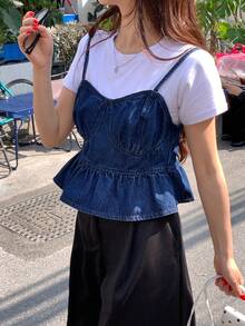 DAZY Women's Spaghetti Strap Denim Top With Ruffle Trim - Blue - View 8