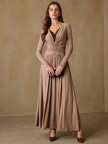 Aveloria Rosie 新款欧美复古时尚休闲撞色V领长袖连衣裙 - 駝色 - 查看 5