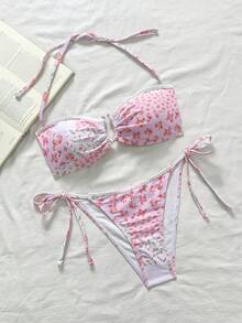 Swim Mod Women's Pink Bikini Set,2-Piece Summer Tropical Beach Holiday Outfit,Sweet Rose Floral Print Spaghetti Strap Bandeau Bikini,Vacation Daily Wear - Pink - View 3