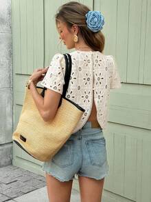 SHEIN Frenchy Women's White Eyelet Lace Crop Blouse,Elegant Summer Holiday Open Back Short Petal Sleeve Top,Floral Hollow Design Round Neck Brunch Vacation Shirt - Apricot - View 2