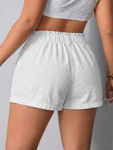 SHEIN Clasi Plus Size Summer Casual Solid Color Elastic Waist Big Pocket Denim Shorts - White - View 2