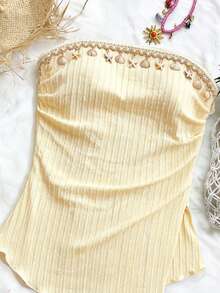 Roelina Áo kiểu nữ thanh lịch, không dây, xẻ tà, chất liệu dệt jacquard, phối họa tiết tua rua, thích hợp cho kỳ nghỉ xuân/hè. - Màu vàng - Xem 5