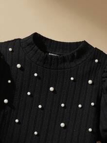 SHEIN 珍珠泡泡袖半身裙女童（小号）T恤套装 - 黑色 - 查看 3