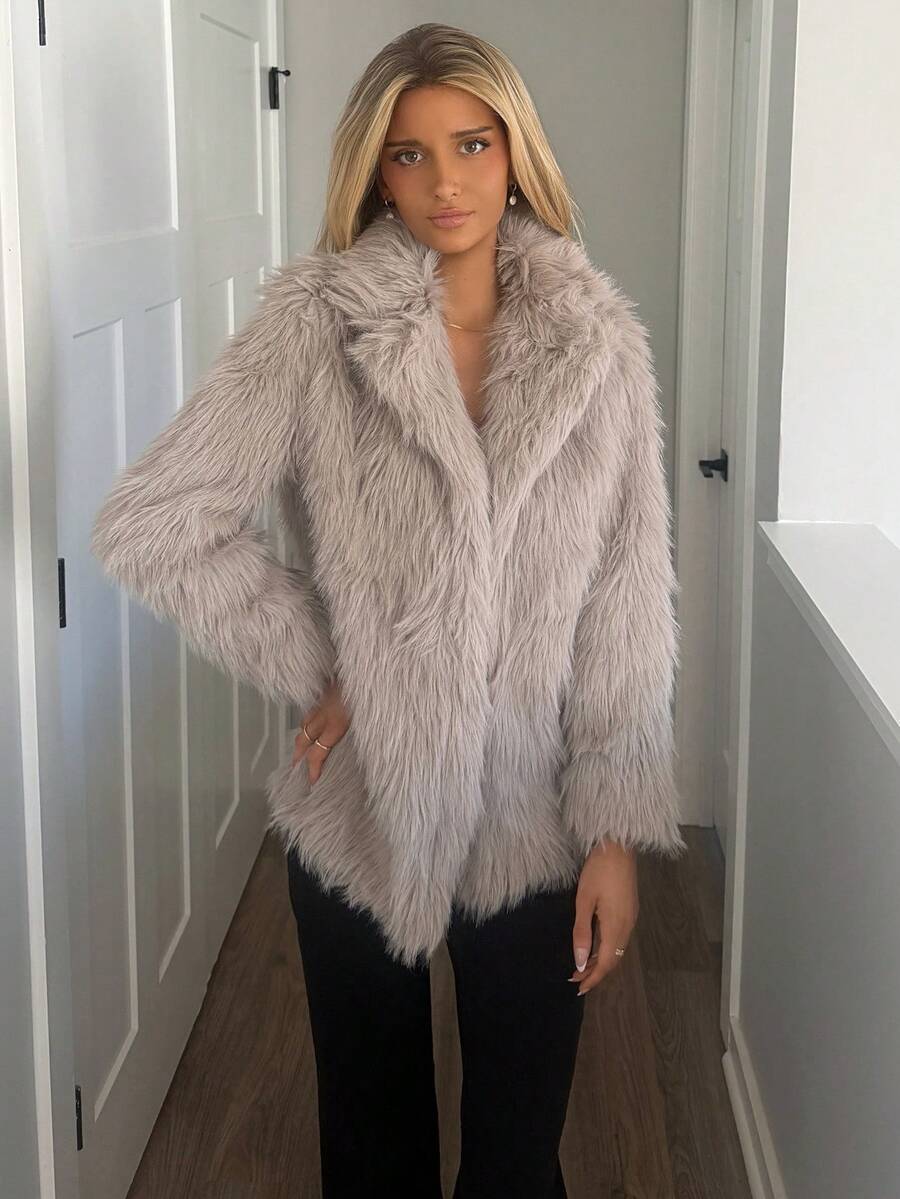 Sydney Algeri Jaqueta feminina casual de manga comprida e cor sólida, outono/inverno - Caqui - Ver 1