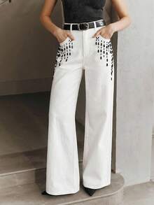 Anewsta 春季新款水洗牛仔时尚复古手工串珠百搭通勤阔腿女式牛仔裤 - 白色 - 查看 6