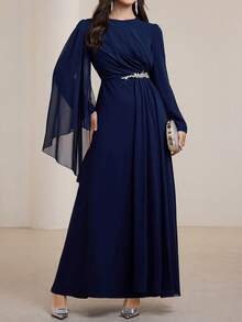 Graceveil 女士纯色圆领长袖拼接网眼优雅连衣裙 - 藍色 - 查看 7