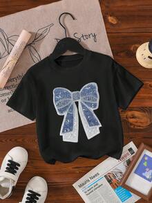 SHEIN 女童休闲时尚舒适简约百搭创意仿亮片蝴蝶结图案短袖T恤，夏季 - 黑色 - 查看 3