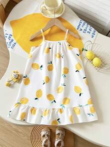 SHEIN Playful Pals Young Girl' Summer Woven Digital Print Dress With Ruffle Hem Spaghetti Strap Off Shoulder Lightweight Mid-Length Dress, Suitable For Daily Wear, Outings, Travel, Vacation, And Gatherings In Summer - Yellow - View 3