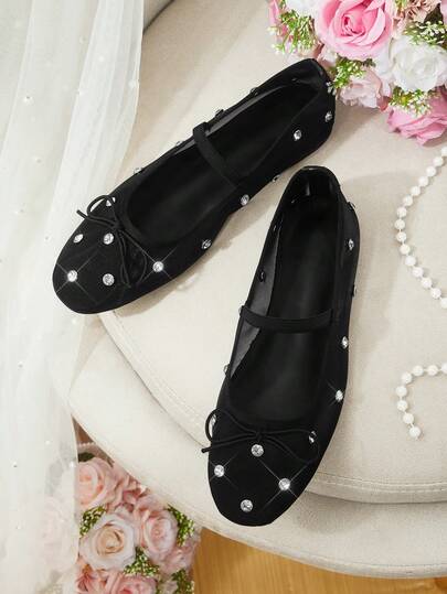 CUCCOO HITCHD Franse balletschoenen, damesschoenen, nieuwe lente/zomer Mary Jane platte schoenen met strasssteentjes, zwart mesh, ademend, strik, geschikt voor het trouwseizoen.