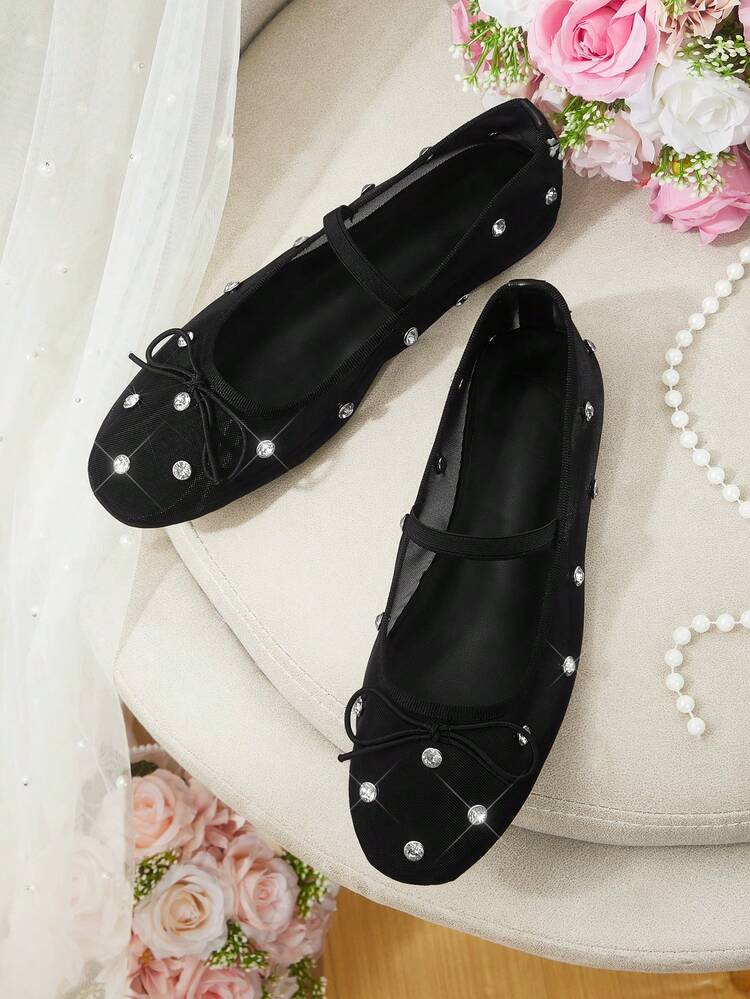 CUCCOO HITCHD French Ballet Shoes, Women's Shoes, New Spring/Summer Rhinestone Black Mesh Breathable Bow Tie Mary Jane Flat Shoes, Wedding Season Wedding Shoes Spring Shoes Bride Shoes