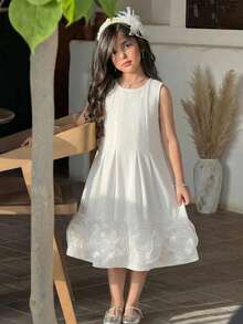 SHEIN Young Girl Woven Solid Color Round Neck Sleeveless Ruffle Hem Casual Dress Young Girl Dress Ivory Kids Dress Flower Girl Dress Sleeveless Dress White Elegant Dress,Kids - White - View 1