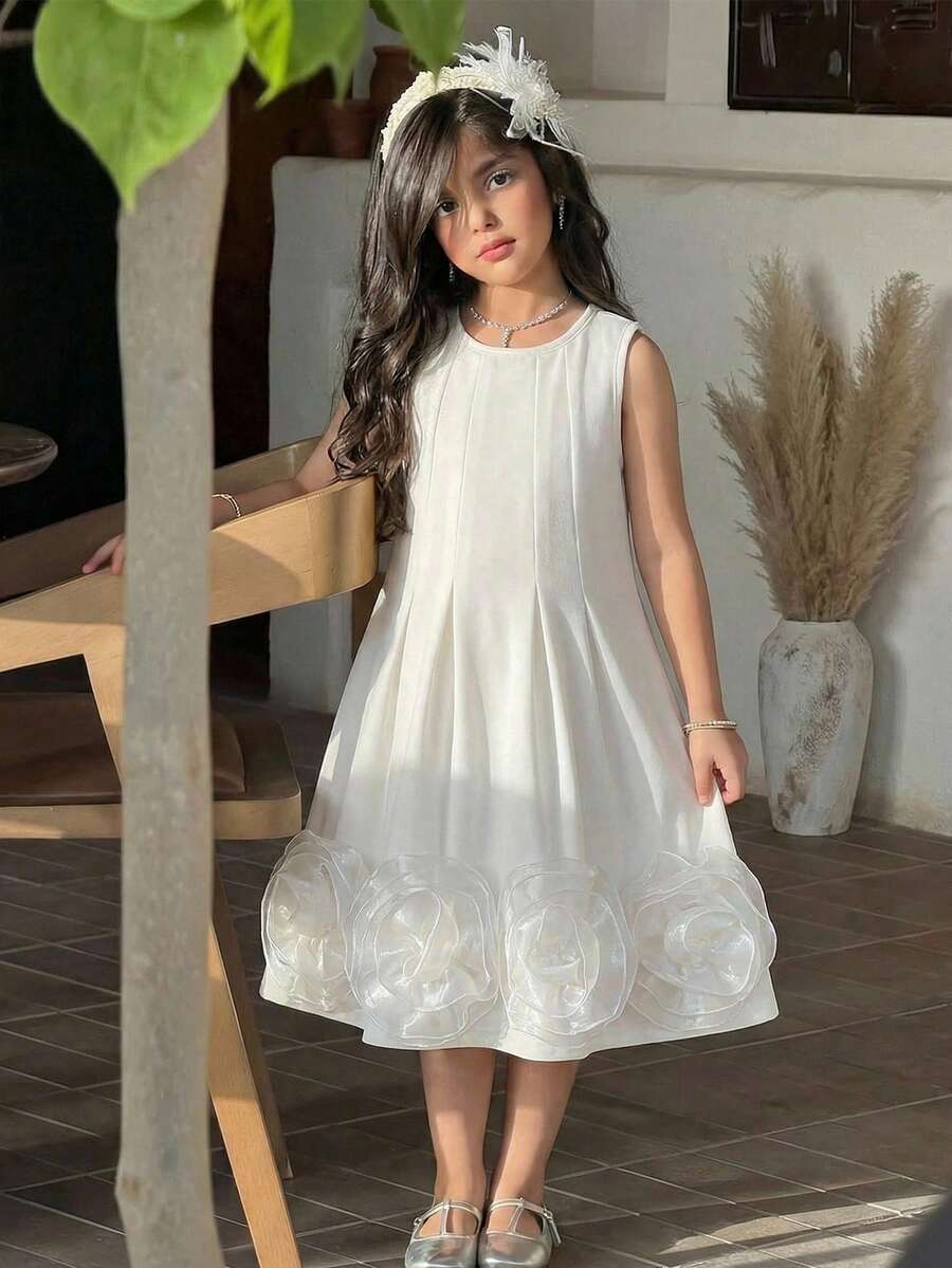 SHEIN Young Girl Woven Solid Color Round Neck Sleeveless Ruffle Hem Casual Dress Young Girl Dress Ivory Kids Dress Flower Girl Dress Sleeveless Dress White Elegant Dress,Kids - White - View 1