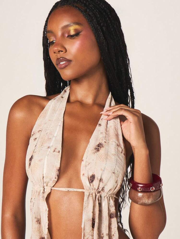 MISSGUIDED Débardeur long drapé à col ras-du-cou fleuri avec lien dans le dos, tenue de plage d'été et de vacances