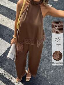Siren Gaze Conjunto de 2 piezas de top halter con dobladillo asimétrico de encaje en contraste y pantalones para mujer - Marrón Chocolate - Ver 6
