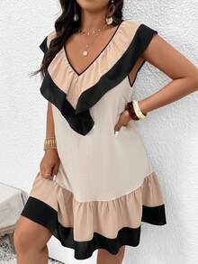 SHEIN Frenchy 大码女式撞色荷叶边V领时尚连衣裙 - 彩色 - 查看 3