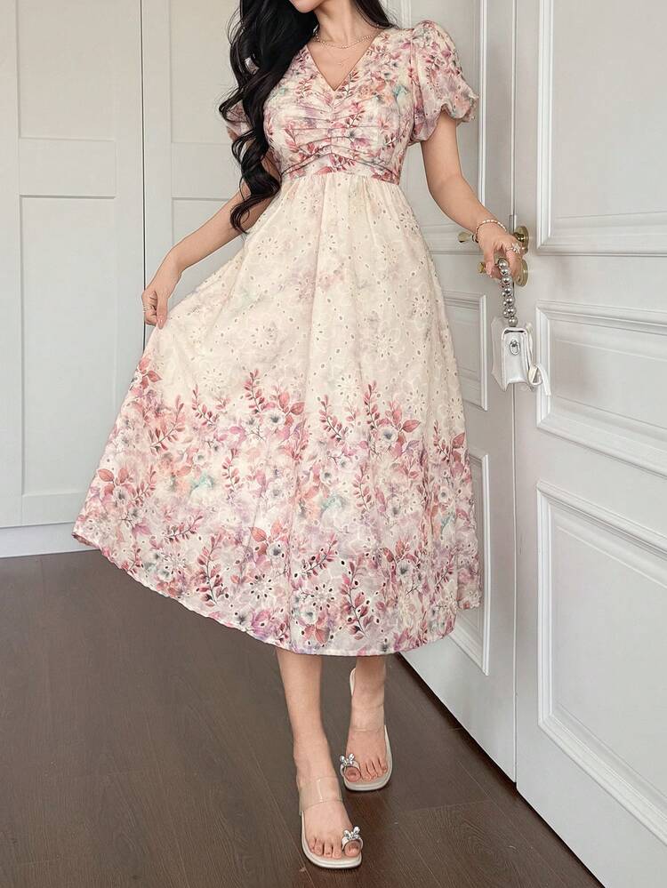 Women's Elegant Gradient Color Long Dress With Puff Sleeves, Spring/Summer Sundress Boho