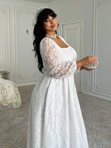 Lyrianda 大码女士休闲优雅蕾丝连衣裙，适合婚礼季 - 米色 - 查看 5