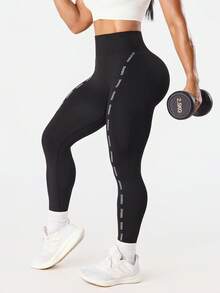 Seamluxe SHEIN Sport 黑色高腰时尚字母印花紧身裤，无缝瑜伽裤，健身跑步紧身裤 - 黑色 - 查看 3