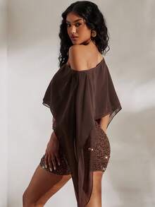 Opulessa 两件套纯色针织修身抹胸上衣和不对称肩部宽松梭织衬衫，适合海滩度假、休闲、夏季假期、优雅场合、外出、派对等。 - 咖啡棕 - 查看 2